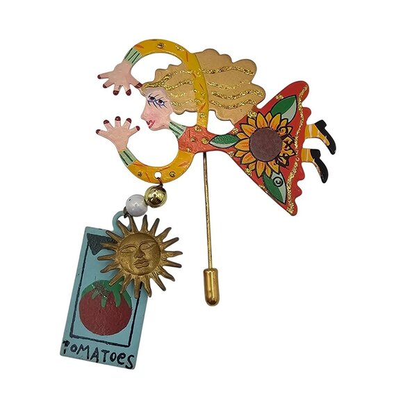 Karen Rossi Vintage Fanciful Flights Stick Pin Brooch Signed Tomato Sign & Sun - Picture 1 of 8
